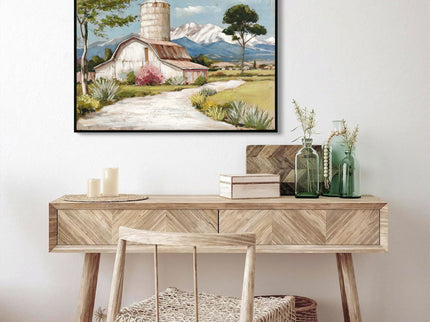 Framed Canvas Wall Art Beautiful Field Painting Wildflower Barn Print Nature Scenery Picture For Home - Blue / Pink
