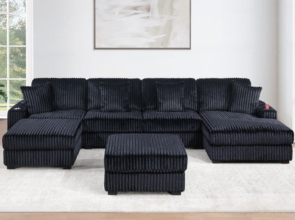 6 Piece Modular U Sectional Sofa Set With USB Cup Holder, Low Leg - Black