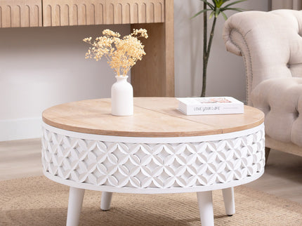 Round Coffee Table With Storage - White / Light Oak