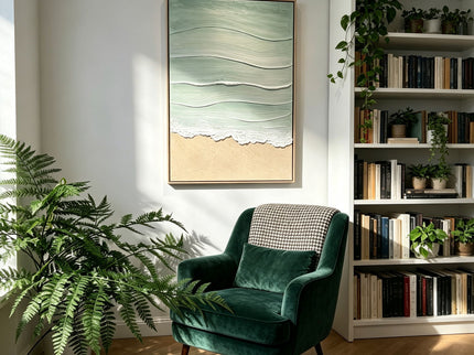 Framed Beach Wall Art, Textured Canvas Painting, Neutral Ocean Decor For Living Room - Beige / Blue
