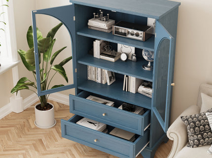 Glass Door Display Case With 2 Drawers And Adjustable Shelf