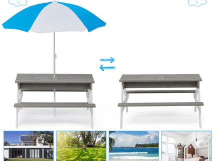 3-In-1 Kids Outdoor Wooden Picnic Table With Umbrella, Convertible Sand & Water, ASTM & CPSIA Certification