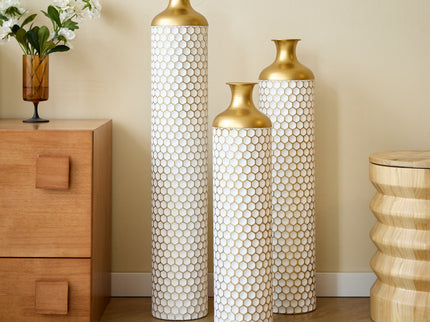 3 Piece Set Gorgeous Home Decoration Large Glazed Floor Vase Decoration Home Droplet Shaped - Gold / White