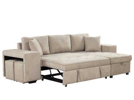 Modern L-Shape 3 Seat Reversible Sectional Couch, Pull Out Sleeper Sofa With Storage Chaise And 2 Stools For Living Room Furniture Set