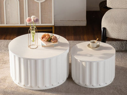 Round Storage Table Set With Lift Off Lid, Nesting Design, Elegant Curved Edge Shape For Living Room - Cream White