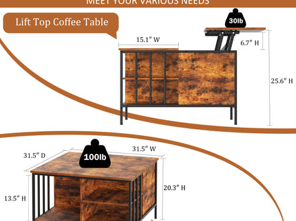 Lift Top Coffee Table With Storage, Adjustable Height Living Room - Black / Brown