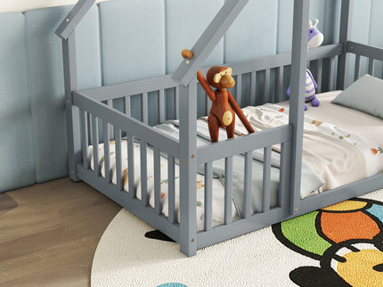 Wood House-Shaped Floor Bed With Fence, Guardrails