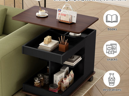 Adjustable End Table With Wheels, 360°Rotating Top And Storage Space