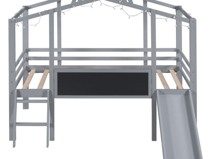Loft House Bed With Ladder And Slide, With board And Light Strip On The Roof