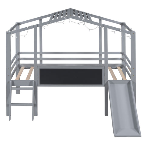 Loft House Bed With Ladder And Slide, With board And Light Strip On The Roof