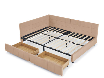 Mid-Century Storage Upholstered Tufted Bed Frame With Backrest And Armrests