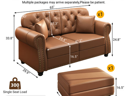 Upholstered Sofa With Nailhead Trim, Rolled Armrests With Ottoman
