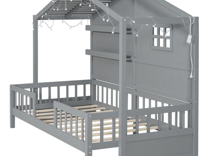 House Bed With Shelves, Window And Sparkling Light Strip On The Roof