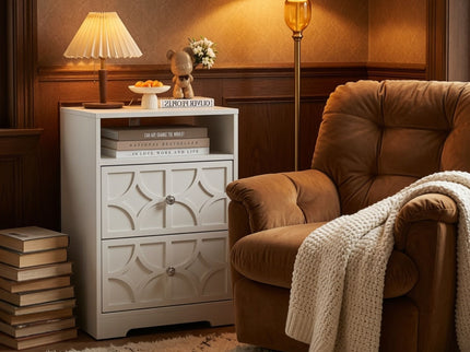 Nightstand With Diamond Carvings Handles, 2 Drawers & Charging Station