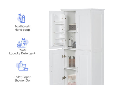 Tall And Wide Bathroom Floor Storage Cabinet With 4 Doors, Adjustable Shelves - White