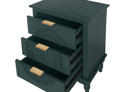 Hollow Carved 3 Drawer Dresser With Metal Handles, Storage Chest For Living Room Or Bedroom - Blackish Green