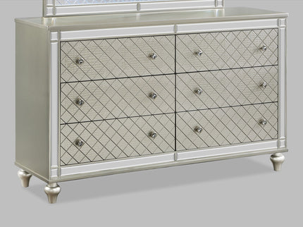 6 Drawer Bedroom Dresser With Diamond Patterned Drawer Fronts - Silver