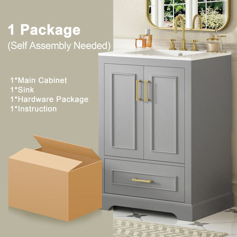Bathroom Vanity With Sink, 1 Divided Drawer And 2 Soft Close Doors With Double Shelf