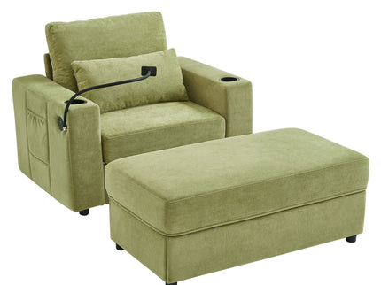 Modern Style Armchair Chaise Lounge Sofa Couch With Movable Storage Ottoman, USB Ports, Cup Holders, Phone Holder, Side Pockets