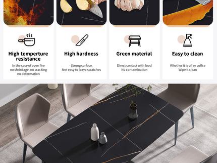 70.87" Modern Artificial Stone Black Curved Black Metal Leg Dining Table, Can Accommodate 6-8 People - Black