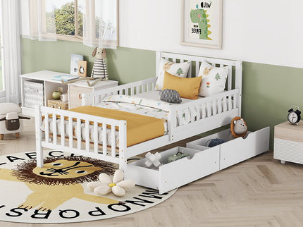Platform Bed With Guardrails On Both Sides And 2 Storage Drawers