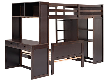 Loft Bed With A Stand Alone Bed, Shelves, Desk, And Wardrobe