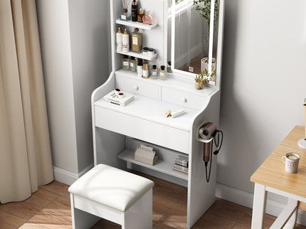 Fashion Vanity Desk With Mirror And Lights For Makeup, Hair Dryer Holder And Chair, Adjustable Lighting - White