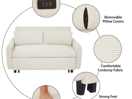 Pull-Out 2 Seat Modern Sleeper Sofa With 2 Throw Pillows And USB Ports