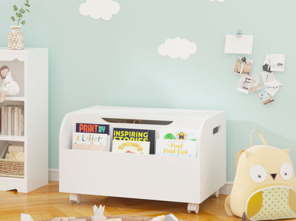 Toy Box With 4 Universal Wheels, Kids Playroom Storage Organizer With Front Bookshelf, Flip Top Lid, Safety Hinge - White