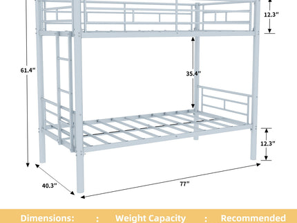Metal Bunk Bed For Kids, Convertible Bedframe With Ladders & Guardrail