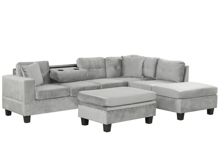 Modern Sectional Sofa With Storage Ottoman, L - Shape Couch With 2 Pillows And Cup Holders