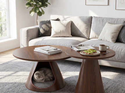 Nesting Coffee Table With Integrated Cat Cave Bed (Set of 2) - Walnut