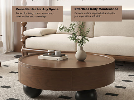 Round Coffee Table With Storage Drawer And Ball Feet - Walnut / Black