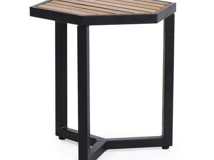 Outdoor Side Table With Iron Base And Slatted Top - Brown