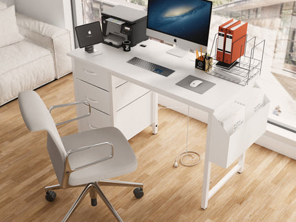 Office Desk With Power Outlet, 3 Drawers And Side Pocket For Office - White