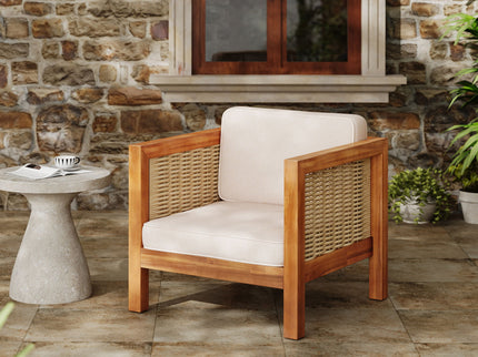 Outdoor Club Chair With Rope Arm And Cushions - Beige / Teak