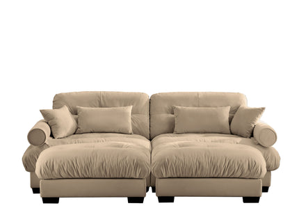 Modern Sectional Sofa With Ottoman, Round Bolster Armrests, Waist And Throw Pillows