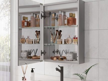 20 X 28" Bathroom Medicine Cabinet With Mirror Wall Mounted LED Bathroom Mirror Cabinet With Lights, Anti-Fog, Waterproof, Dimmable, 3000K~6000K, Single Door, Touch Swich, Storage Shelves - Silver