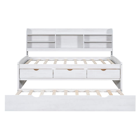 Captain Bed With Built In Bookshelves, 3 Storage Drawers, And Trundle
