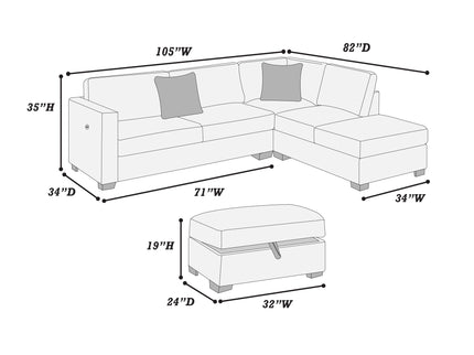 3 Piece Sectional Sofa With Reversible Chaise And USB Storage Ottoman