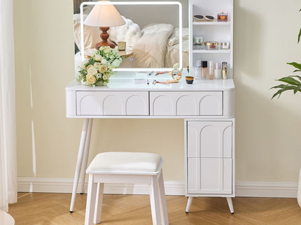 Modern Makeup Vanity Desk With LED Lights & Mirror 4 Drawer Dressing Table Set Space Saving For Bedroom - White