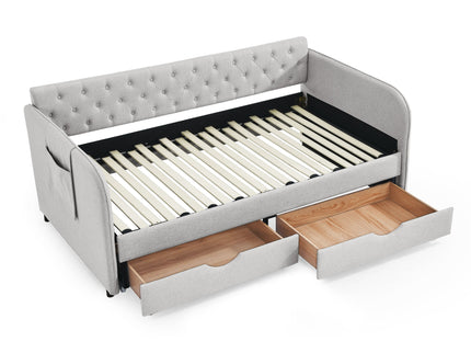 Daybed With Trundle And Storage Drawers, Flat Arms With Pocket
