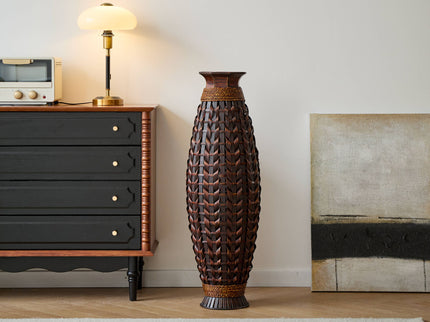Hand Woven Bamboo Floor Vase, Decorative Accent For Living Room - Acacia Wood
