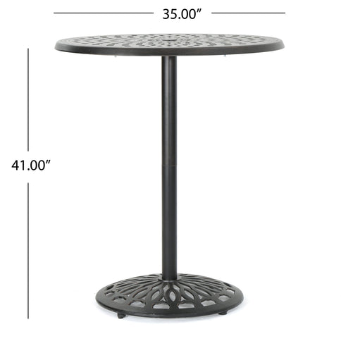 Elegant Cast Aluminum Round Bar Table With Romantic Filigree Design - Copper