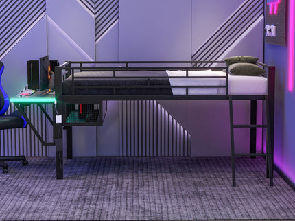 Modern Gaming Mid Loft Bed With Desk And LED Lights