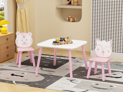 Table And Chair Set, 3 Piece Wooden Toddler Desk With Animal Backrest - Pink / White
