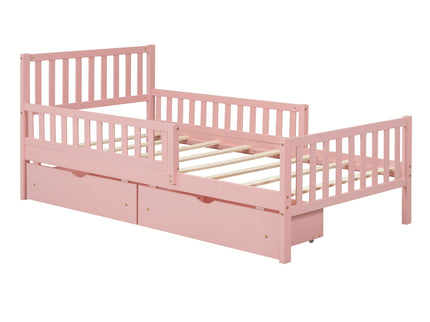 Platform Bed With Guardrails On Both Sides And 2 Storage Drawers