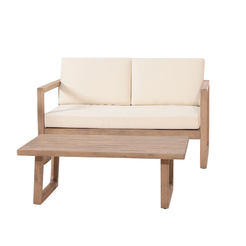 4 Pieces Acacia Wood Patio Furniture Set, Outdoor Furniture With Coffee Table, Patio Conversation Set Deep Seating With Soft Cushion, Porch Chairs For Backyard Porch Balcony - Brown Wash / Beige