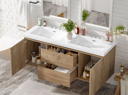 Double Sink Bathroom Vanity, Cabinet & Soft Close Doors, Divided Drawers, Wall Mounted Storage - Wood