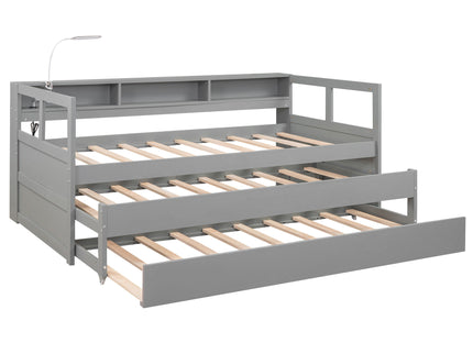 Daybed With 2 Trundles, 3 Storage Cubbies, Built In USB Charging Light